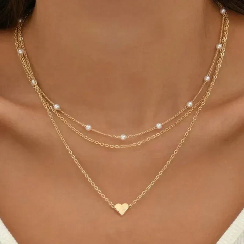 Delicate Multi-Layer Gold Silver Heart Necklace - OutfitLondon