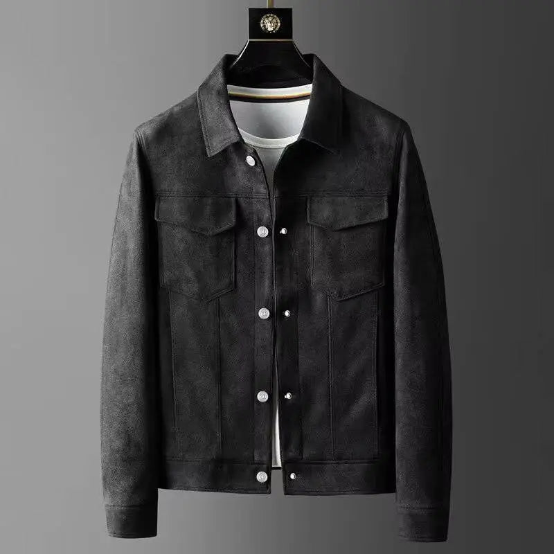 Men's Suede Slim Fit Jacket Polo Neck Collar - OutfitLondon