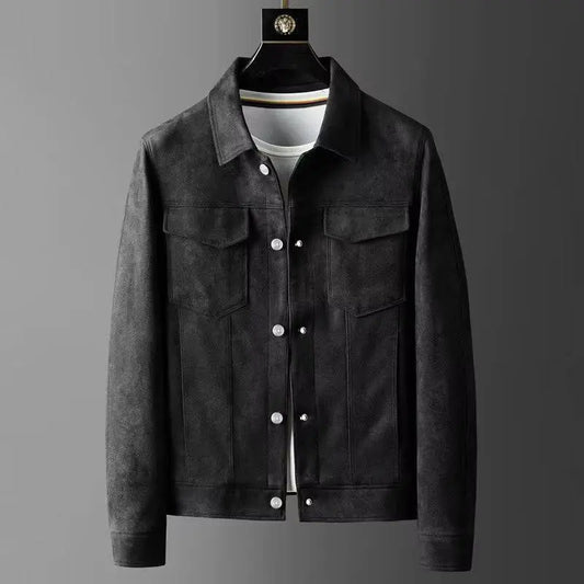 Men's Suede Slim Fit Jacket Polo Neck Collar - OutfitLondon
