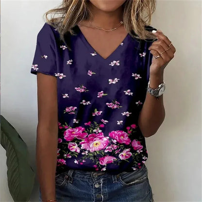 Relaxed Fit Women's Floral V-Neck Tee Shirt