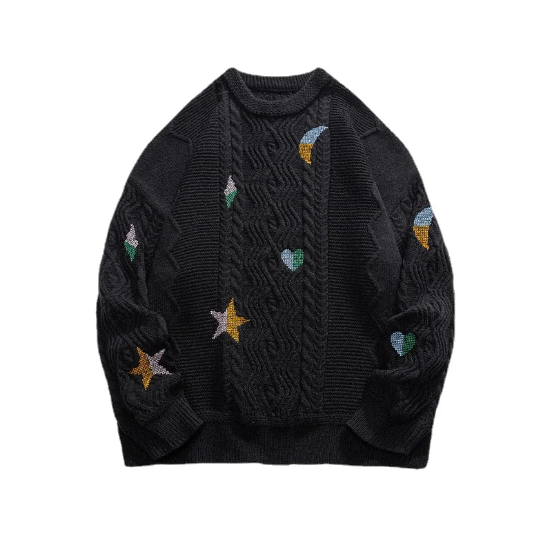 Men's Embroidered Sweater Heavyweight Knit Crew Neck Relaxed Fit