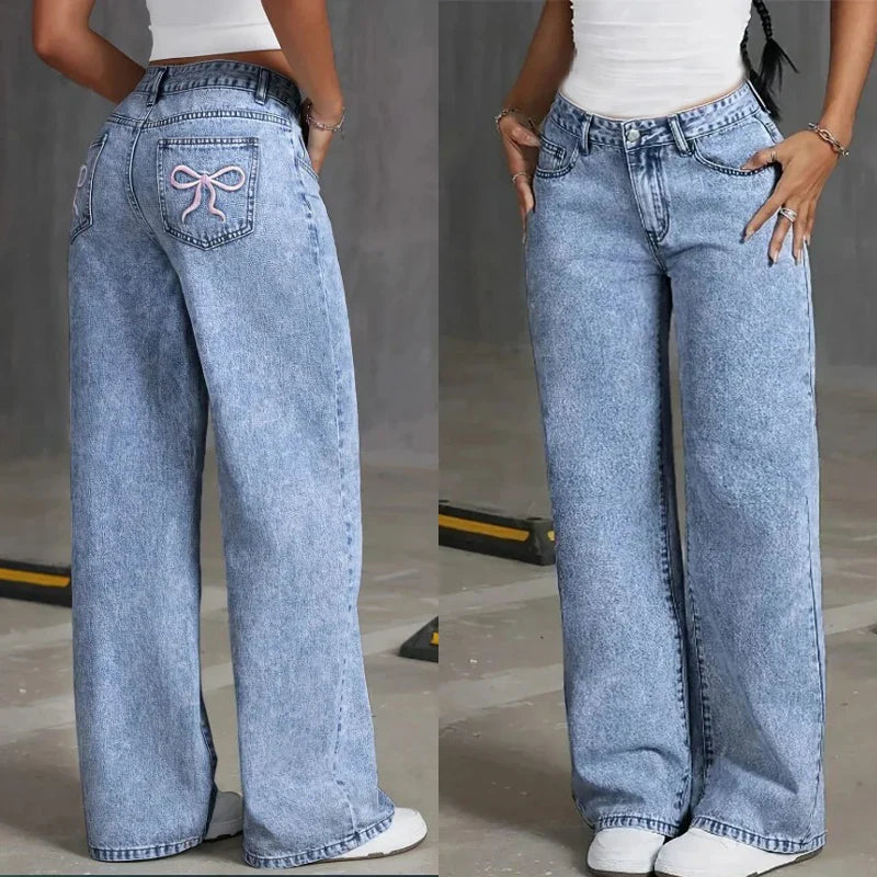 Slimming Dark Wash Embroidered High Waist Jeans - OutfitLondon