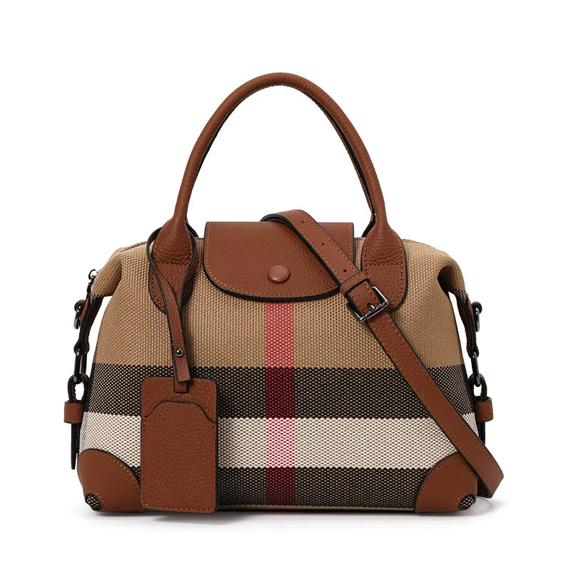 Stylish Plaid Shopping Bag - Leather Trim Canvas
