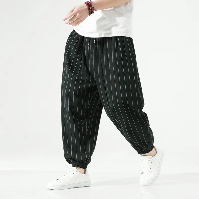 Men's Cotton Striped Trousers Elastic Waistband