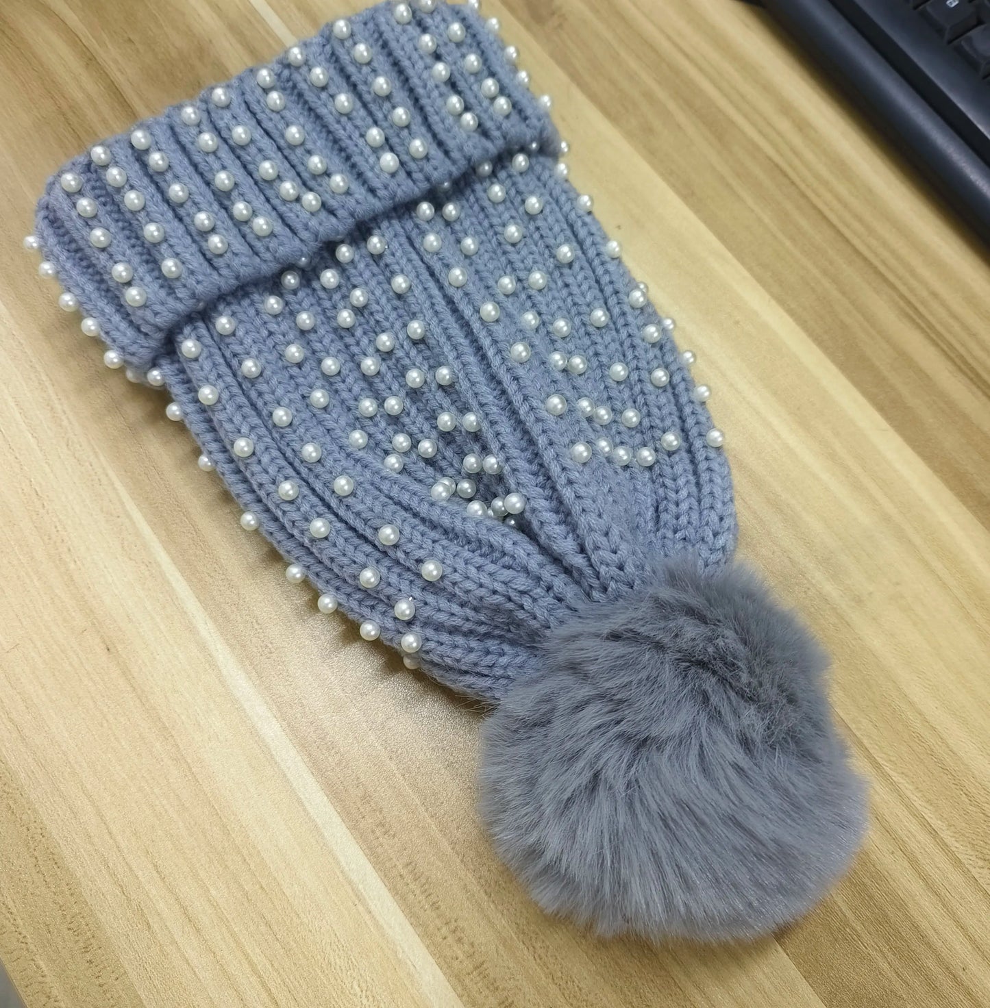 Fuzzy Knit Snow Pom Pom Beanie