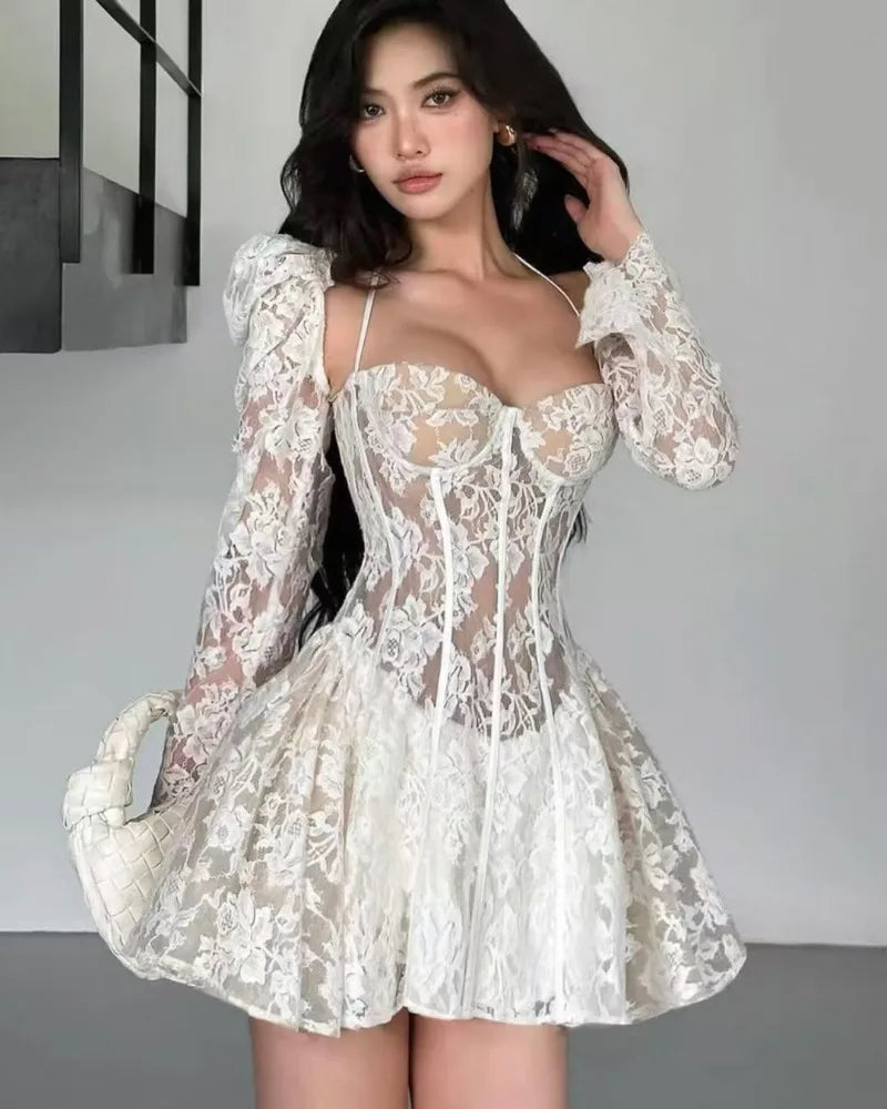 Vintage Crochet Backless Mini Party Dress for Women - OutfitLondon