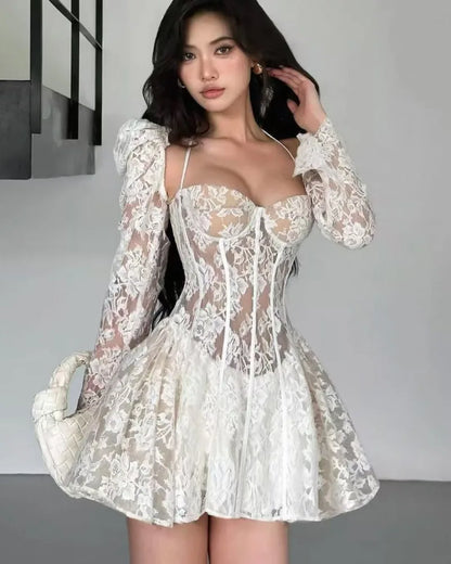 Vintage Crochet Backless Mini Party Dress for Women - OutfitLondon