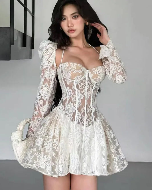 Vintage Crochet Backless Mini Party Dress for Women - OutfitLondon