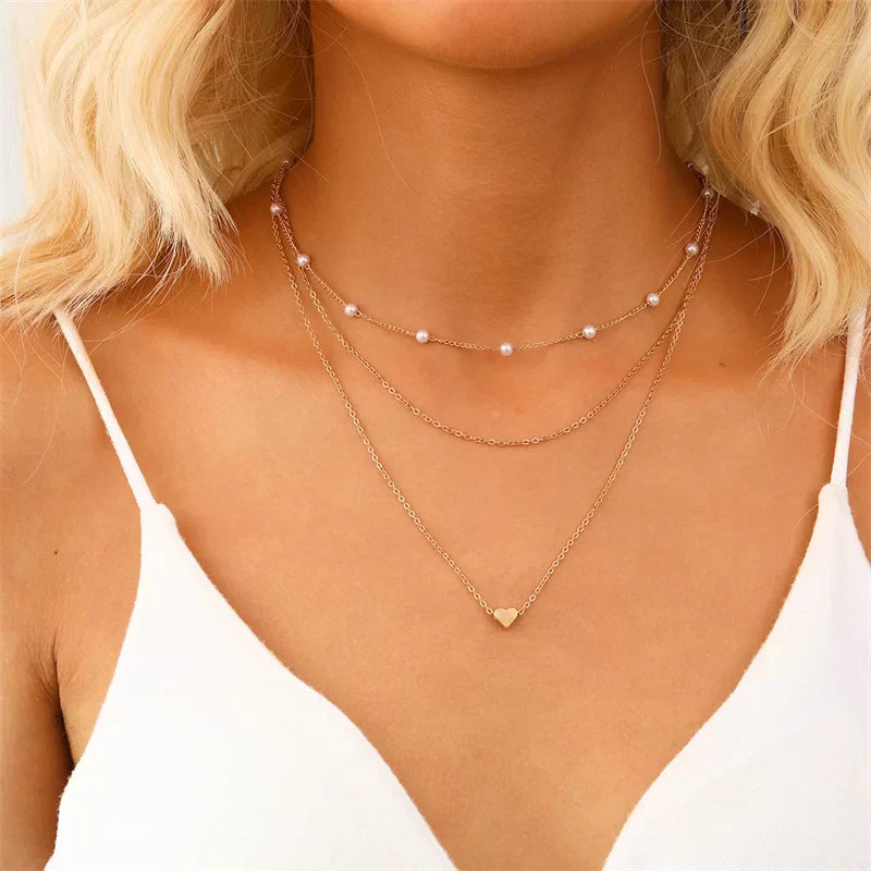 Delicate Multi-Layer Gold Silver Heart Necklace