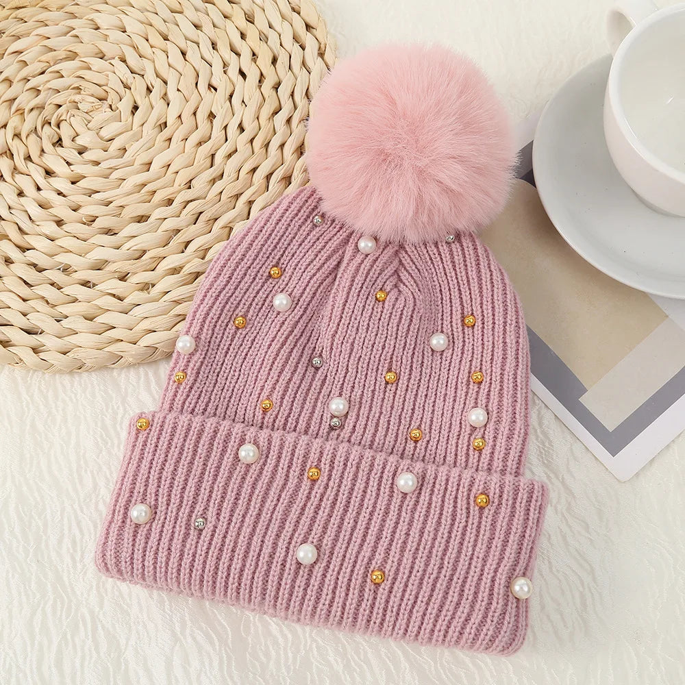 Fuzzy Knit Snow Pom Pom Beanie