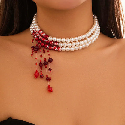 Women's Pearl Choker Red - OutfitLondon