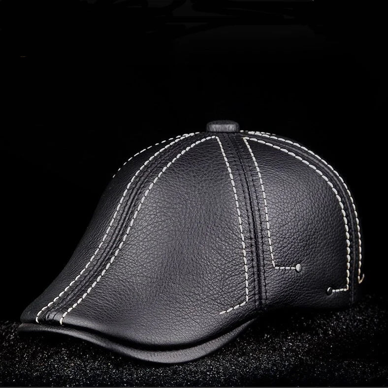 Real Leather Beret - Simple Black Men's Cap