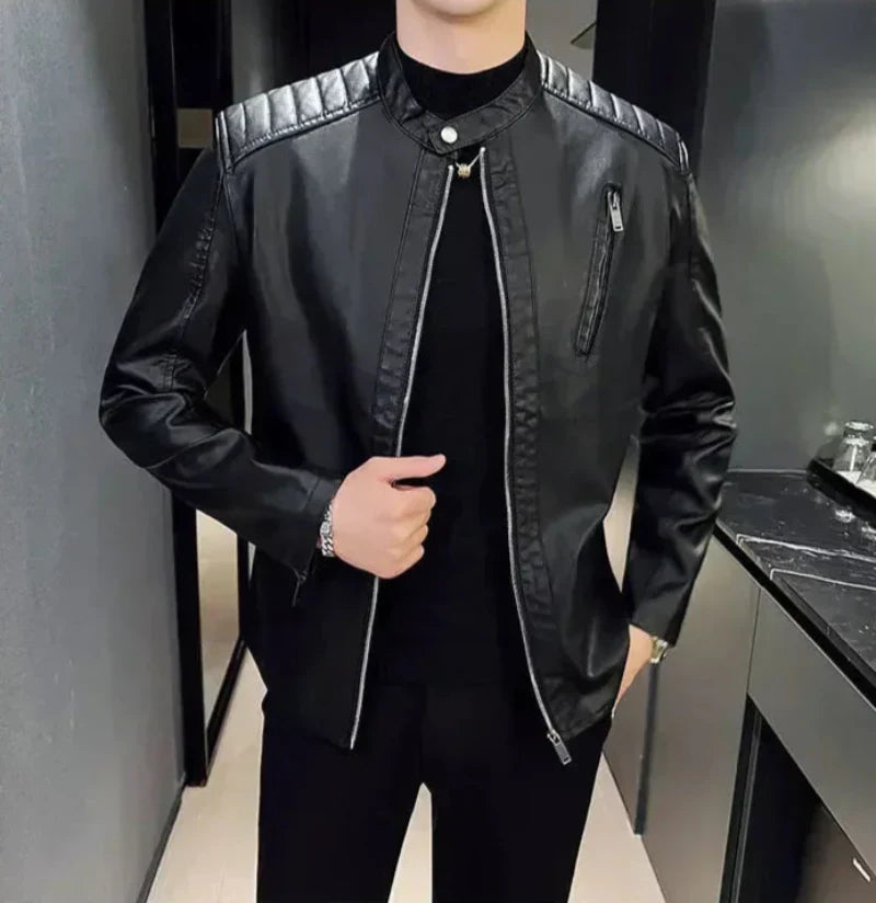 Men's PU Leather Jacket Slim Fit Zippered Lightweight Black