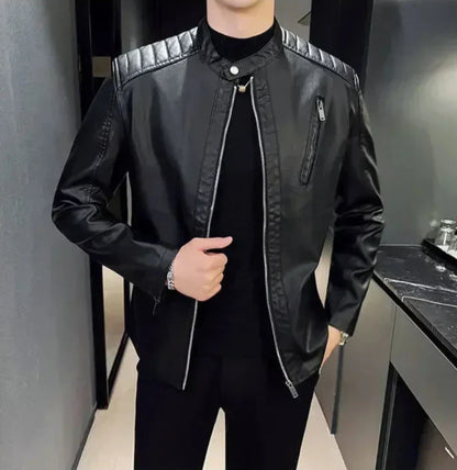 Men's PU Leather Jacket Slim Fit Zippered Lightweight Black