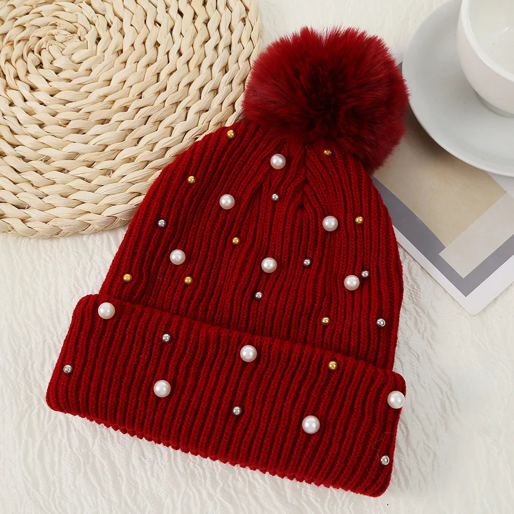 Fuzzy Knit Snow Pom Pom Beanie