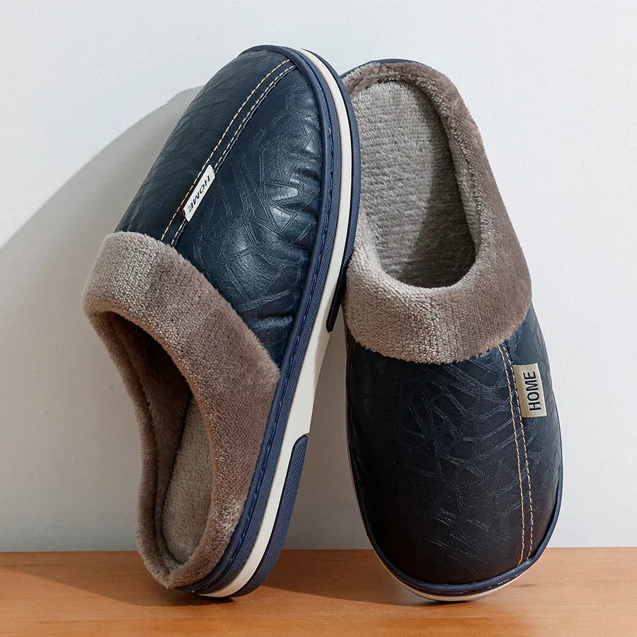 Warm Mens Faux Leather Slippers with Plush Lining
