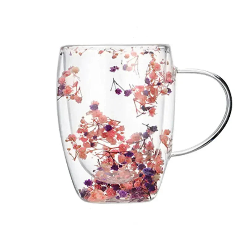 Liora Glass Coffee Mug Double Layer Insulated 350ml Floral Design