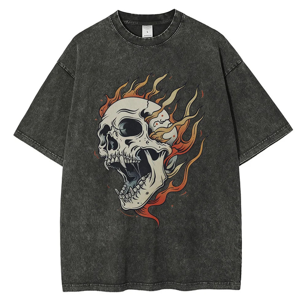 Men's Skull Graphic T-Shirt Acid Wash 100% Cotton Oversized - OutfitLondon
