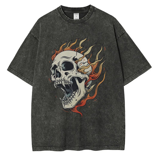 Men's Skull Graphic T-Shirt Acid Wash 100% Cotton Oversized - OutfitLondon