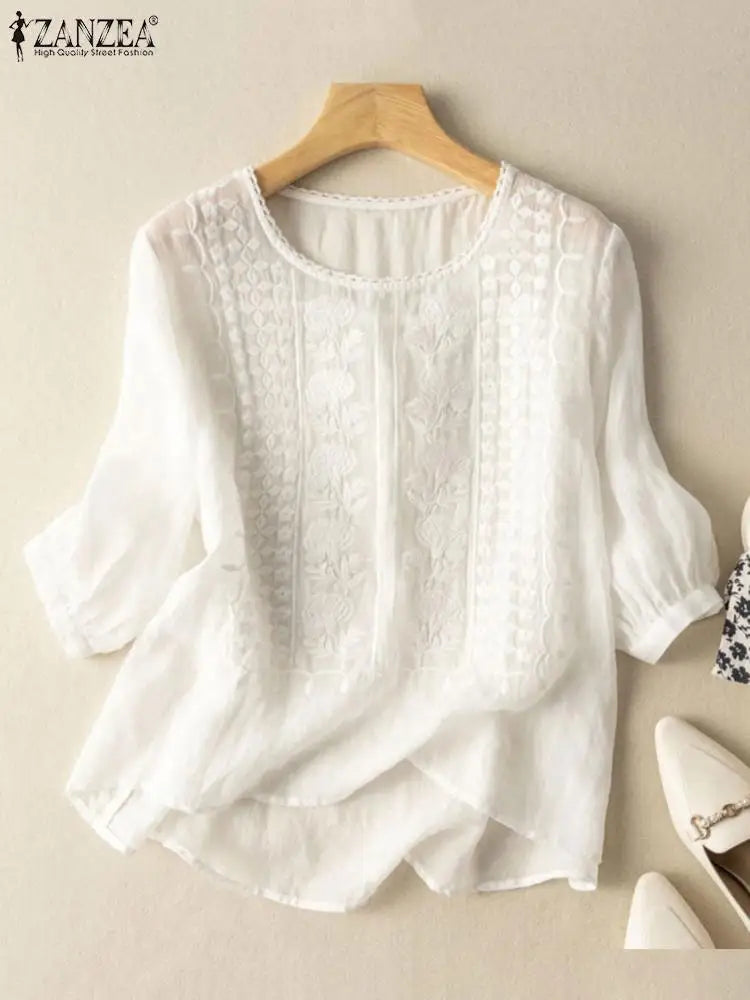 Elegant Floral Crochet 3/4 Sleeve Blouse