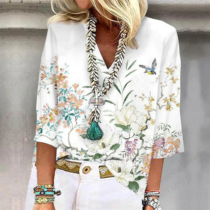 Comfy Floral V Neck Summer Tee Shirt