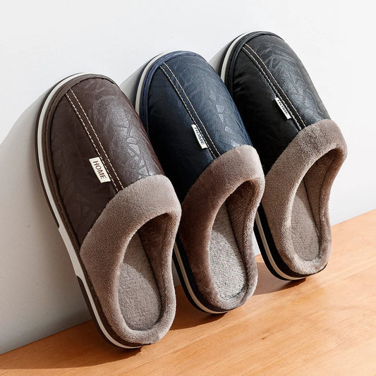 Warm Mens Faux Leather Slippers with Plush Lining - OutfitLondon