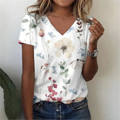 Relaxed Fit Women's Floral V-Neck Tee Shirt
