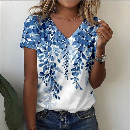 Relaxed Fit Women's Floral V-Neck Tee Shirt