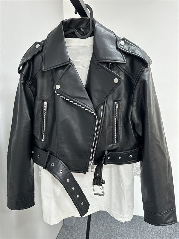 Timeless Ladies Faux Leather Zipper Jacket with Buckle