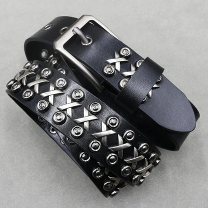 Men's Studded Leather Belt Adjustable Silver Skull Buckle Black