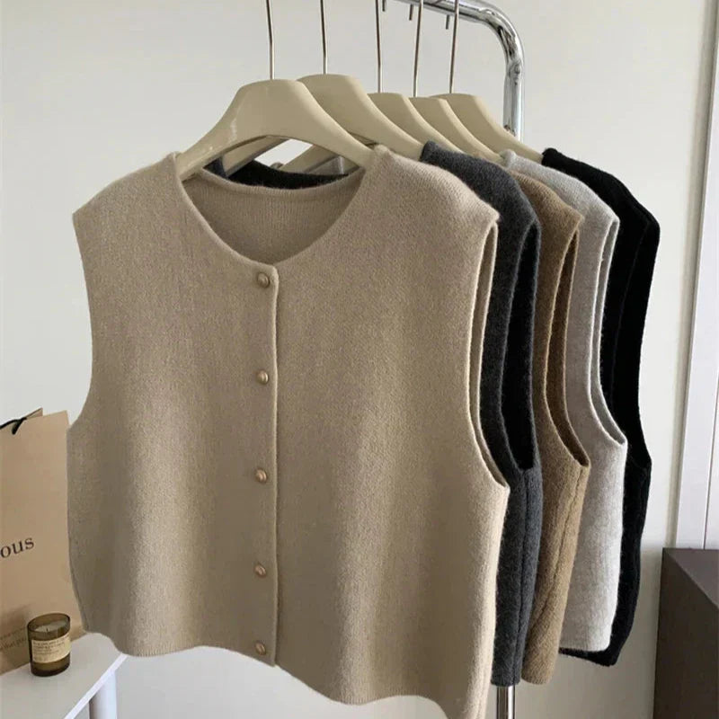 Women's Knit Vest Cozy Yarn Sleeveless Button Front - OutfitLondon