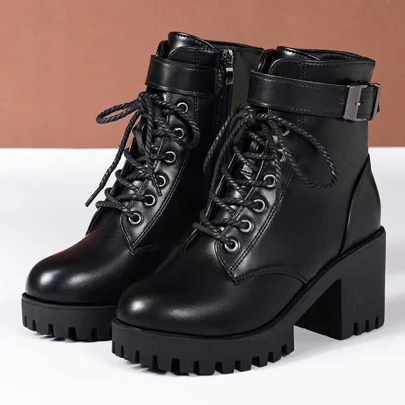 Soft Women's Ankle Boots Waterproof Low Heel Lace Up Shoes