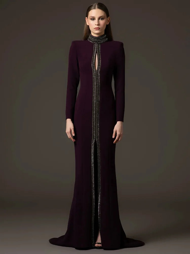 Glamorous Long Evening Gown with Gems - OutfitLondon