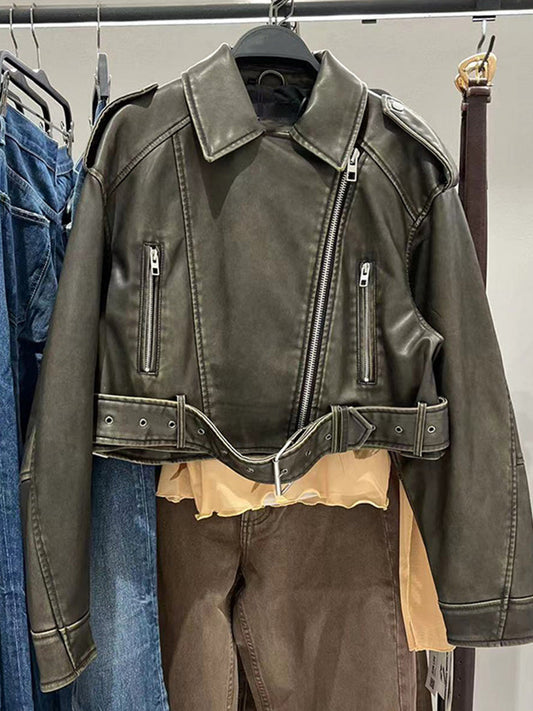 Timeless Ladies Faux Leather Zipper Jacket with Buckle - OutfitLondon
