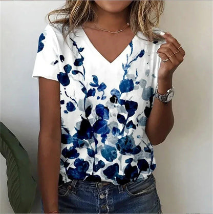 Relaxed Fit Women's Floral V-Neck Tee Shirt
