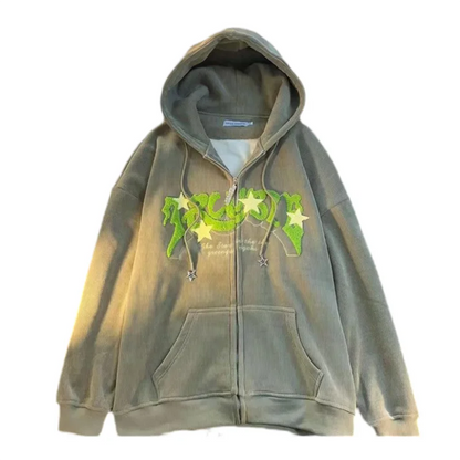 Relaxed Fit Embroidered Zip Up Hooded Sweatshirt