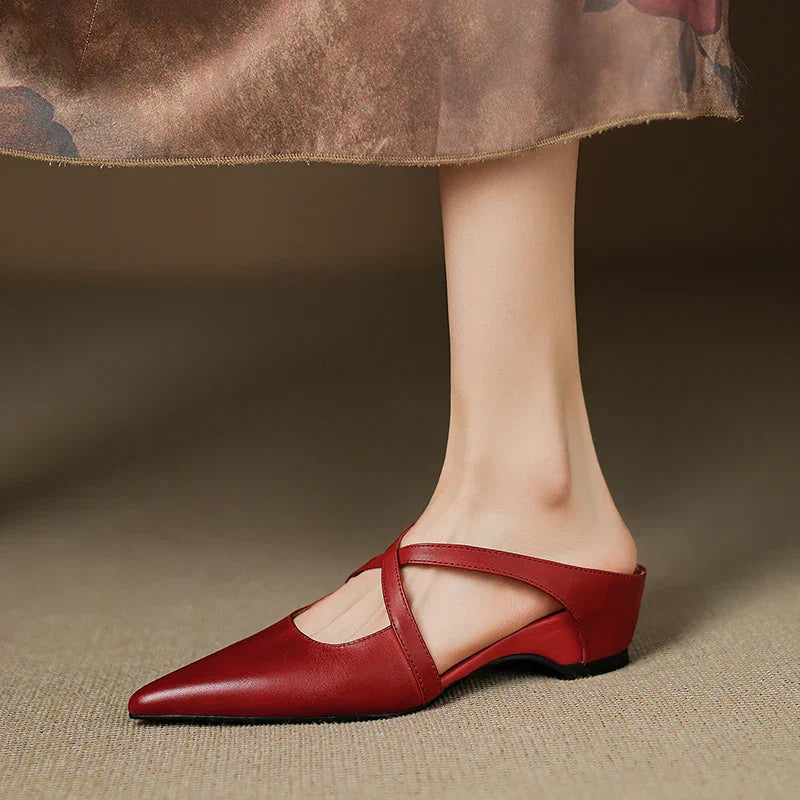 Real Leather Flat Mule Shoes - OutfitLondon