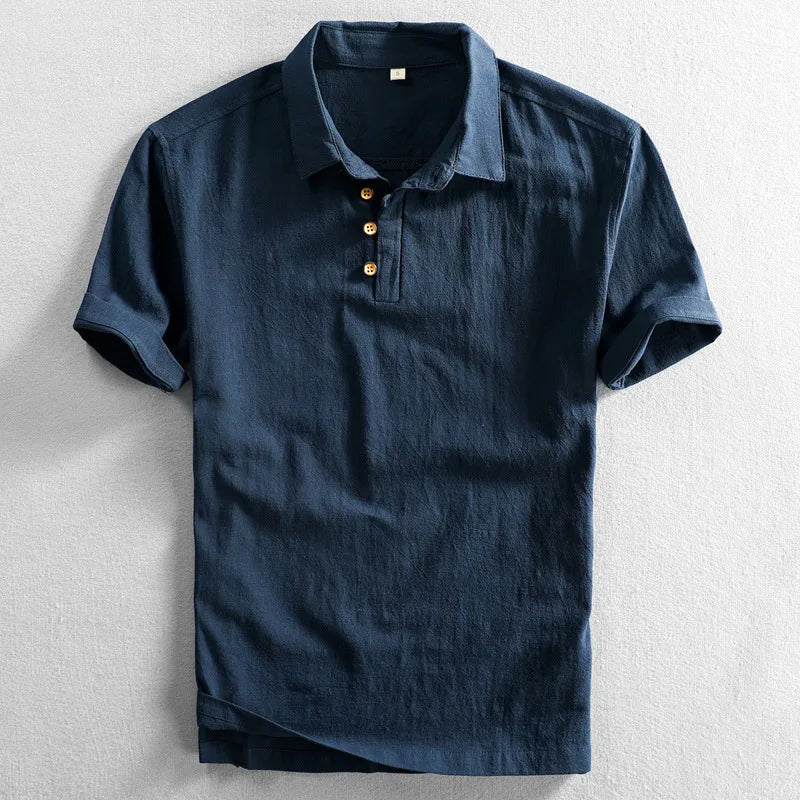 Men's Linen Polo Shirt Lightweight Breathable Beige - OutfitLondon