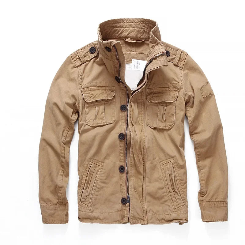 Men's Cargo Denim Jacket Heavyweight Cotton Lining Multiple Pockets