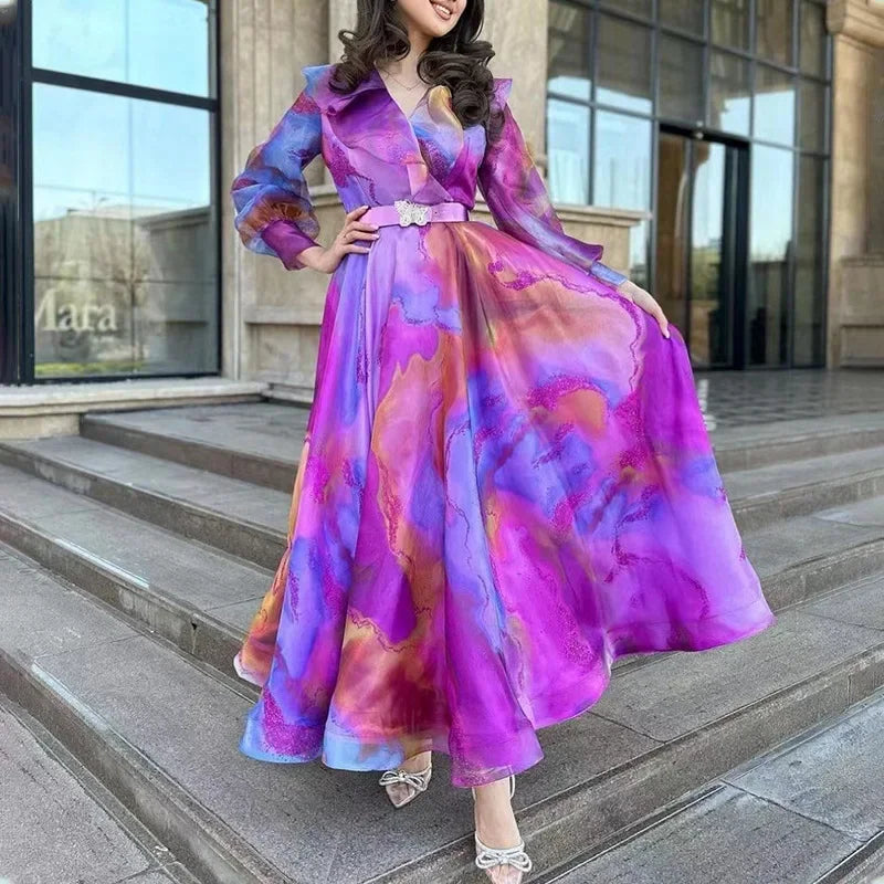 Elegant Long Sleeve Women's Maxi Dress Floral Print - OutfitLondon