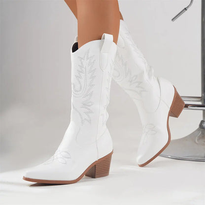 Ladies' Stylish Embroidered Low Block Heel Boots