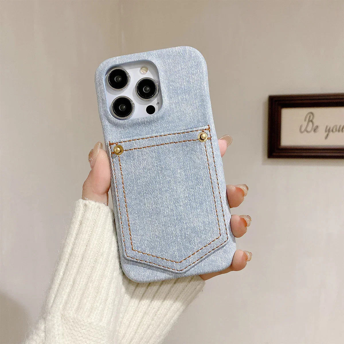 Denim iPhone Case Stitched Pocket Soft Lining Blue - OutfitLondon