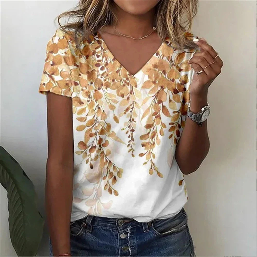 Relaxed Fit Women's Floral V-Neck Tee Shirt