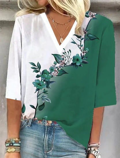 Comfy Floral V Neck Summer Tee Shirt