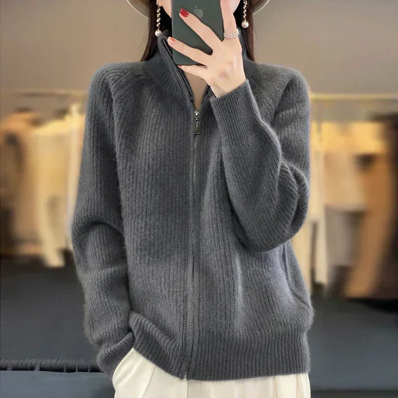 Cozy Pure Wool Zipper Women's Cardigan Sweater