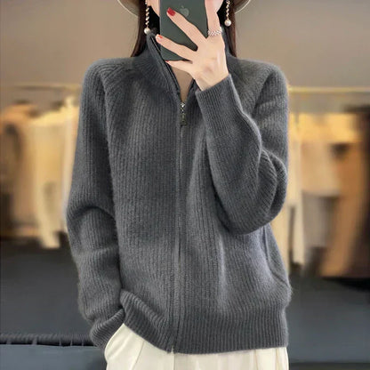 Cozy Pure Wool Zipper Women's Cardigan Sweater