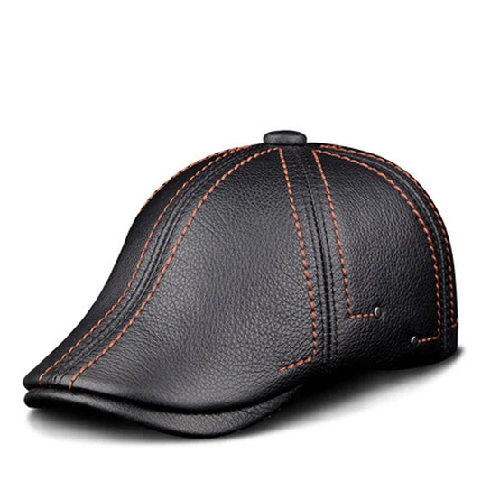 Real Leather Beret - Simple Black Men's Cap - OutfitLondon