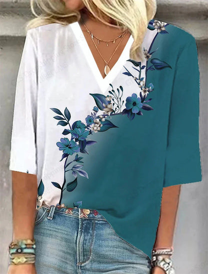 Comfy Floral V Neck Summer Tee Shirt