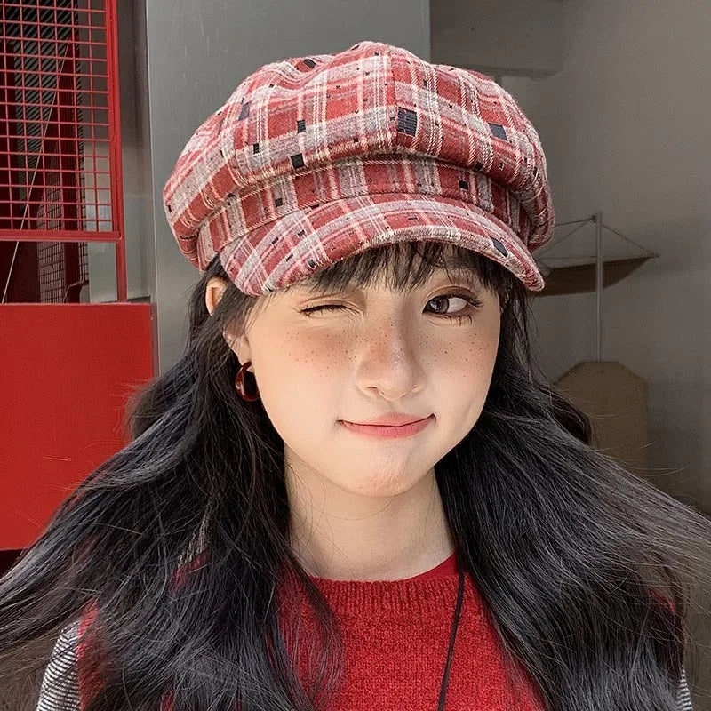 Warm Plaid Winter Beanie Hat for Women