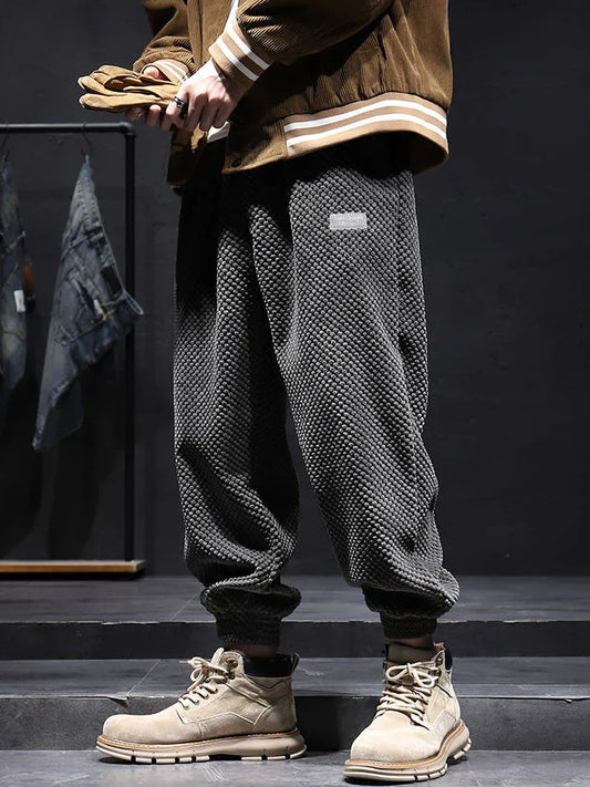 Mens Corduroy Joggers Waffle Texture Relaxed Fit Elastic Waist - OutfitLondon